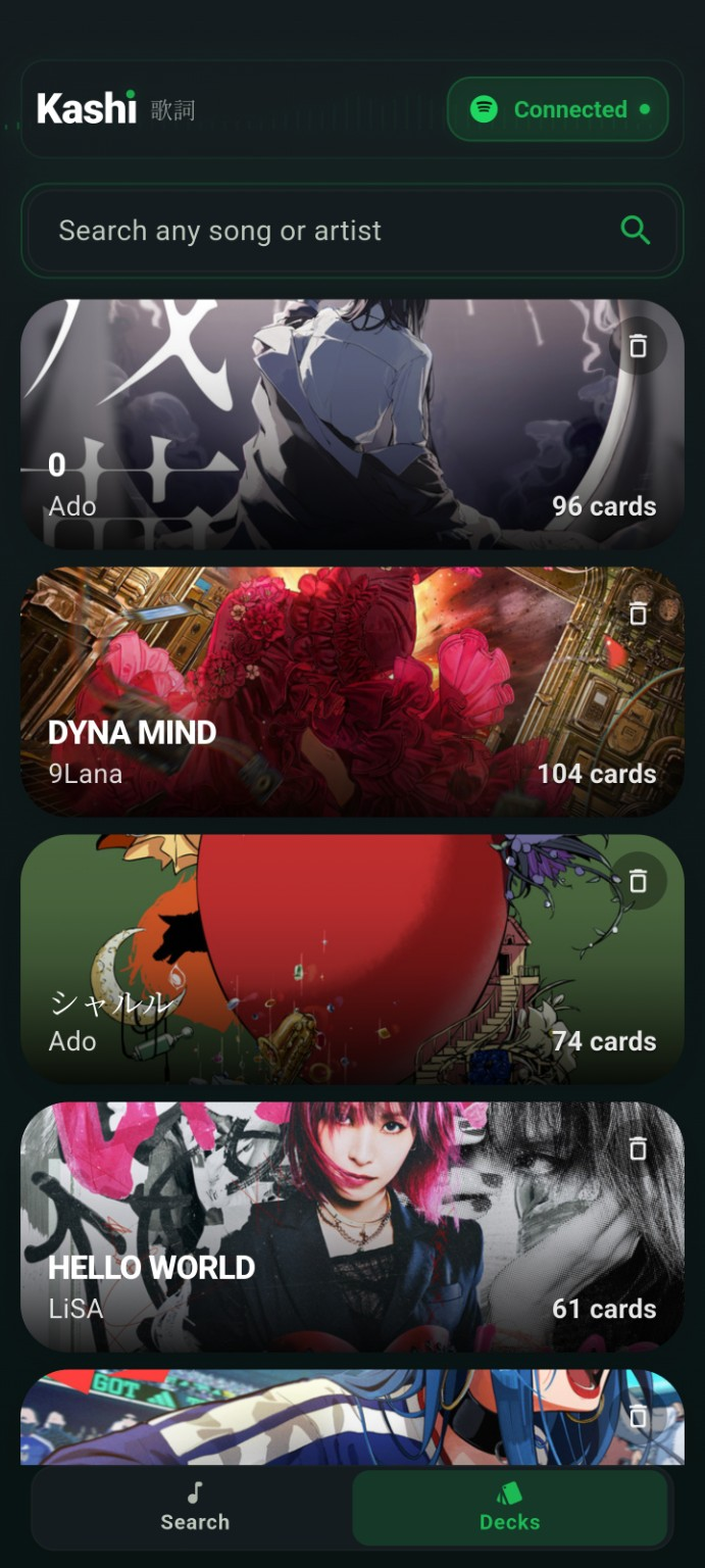 Kashi deck selection screen showing generated song decks