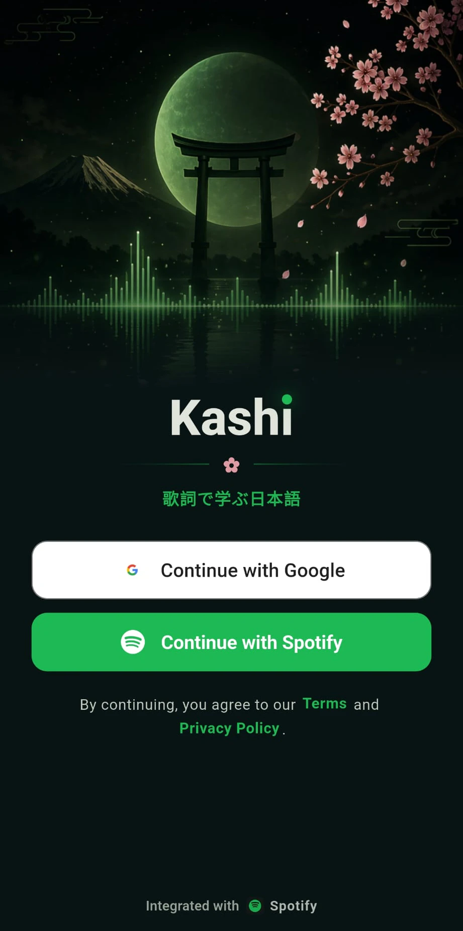 Kashi sign-in screen with Google and Spotify account options