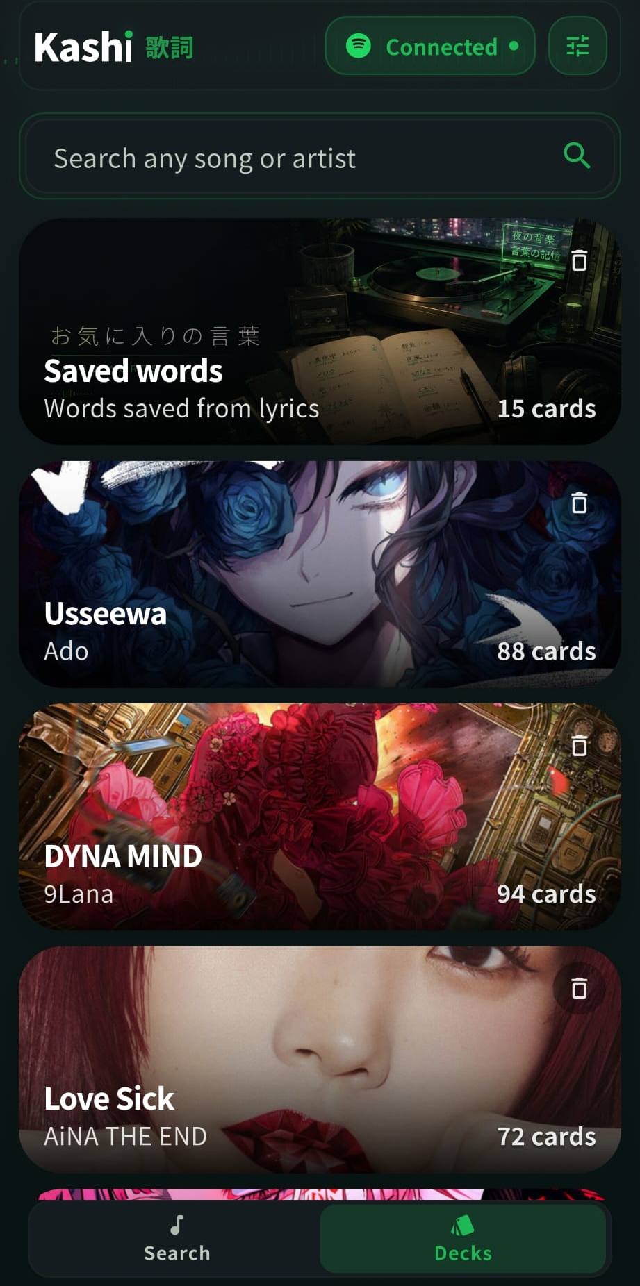 Kashi deck selection screen showing generated song decks