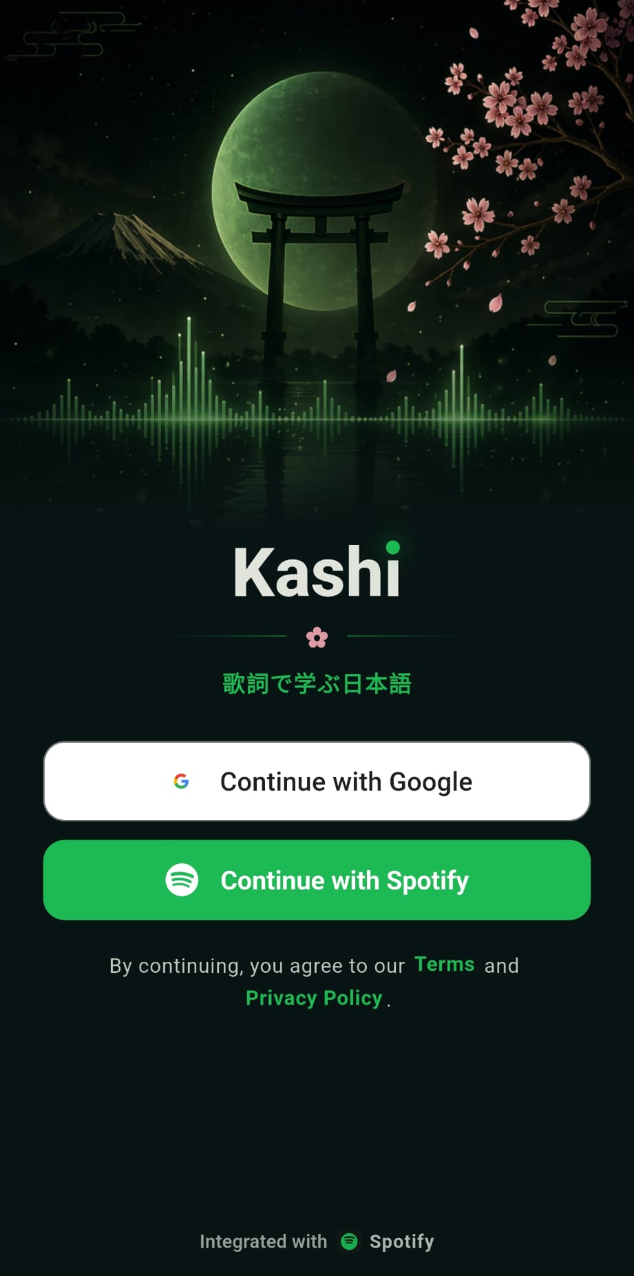 Kashi sign in screen with Google and Spotify account options